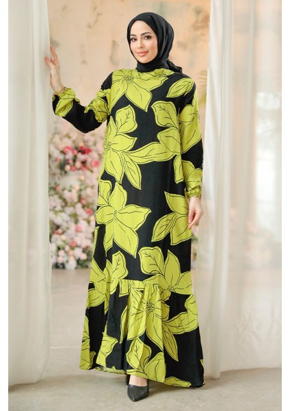 Çiçek Desenli Yağ Yeşili Tesettür Elbise 15724YY