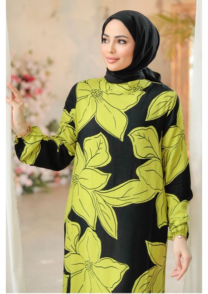 Çiçek Desenli Yağ Yeşili Tesettür Elbise 15724YY fiyatları