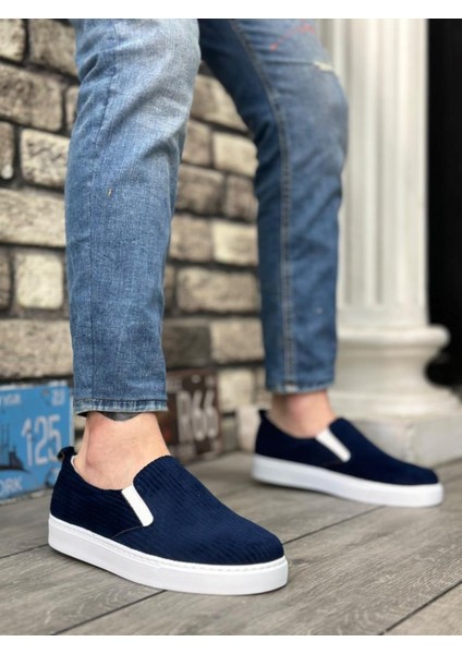 BA0339 Bağcıksız Kadife Lacivert Beyaz Taban Günlük Erkek Ayakkabı