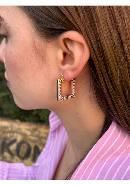 Çelik Suya Dayanaklı Kadın Kare 3cm Renkli Nazar Boncuklu Rose Gold Küpe indirimleri