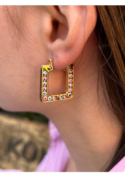 Çelik Suya Dayanaklı Kadın Kare 3cm Renkli Nazar Boncuklu Rose Gold Küpe