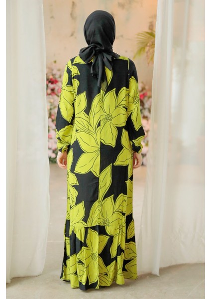 Çiçek Desenli Yağ Yeşili Tesettür Elbise 15724YY modelleri