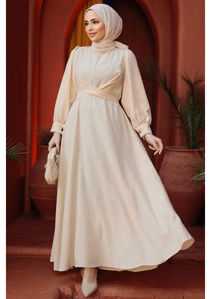 Balon Kol Bej Tesettür Elbise 3034BEJ