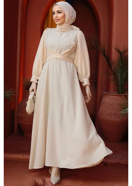 Balon Kol Bej Tesettür Elbise 3034BEJ fiyatları