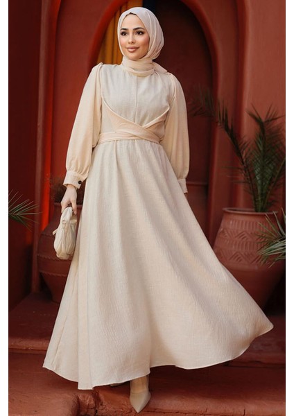 Balon Kol Bej Tesettür Elbise 3034BEJ modelleri