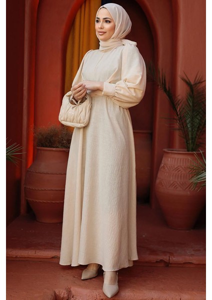 Balon Kol Bej Tesettür Elbise 3034BEJ fırsatları