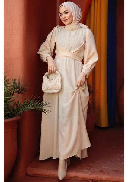 Balon Kol Bej Tesettür Elbise 3034BEJ indirimleri