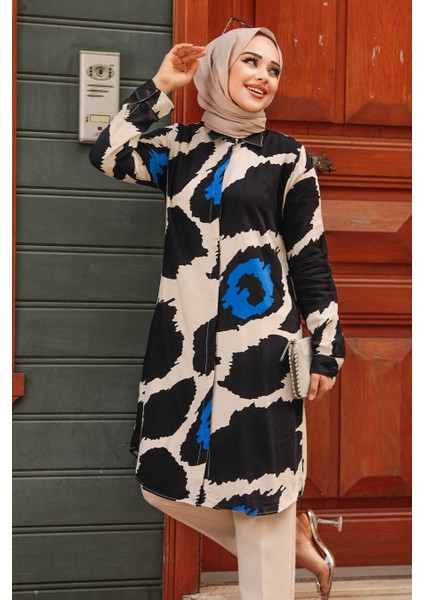 Desenli Siyah Tesettür Tunik 25025S