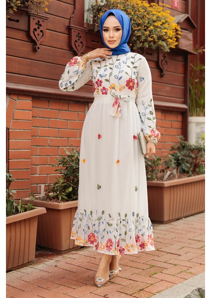 Çiçek Desenli Beyaz Tesettür Elbise 23232B