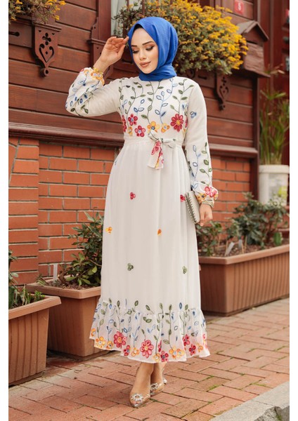 Çiçek Desenli Beyaz Tesettür Elbise 23232B