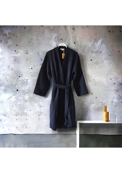 4 Kat Müslin Pamuk Siyah Kimono Unisex XL Bornoz - Sabahlık modelleri
