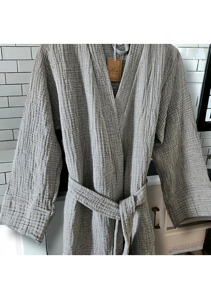 4 Kat Müslin Pamuk Antrasit Açık Gri Kimono Unisex L Bornoz - Sabahlık modelleri