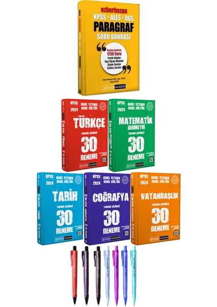 Ezberbozan KPSS ALES DGS Paragraf Soru Bankası - 2024 KPSS GYGK Türkçe Matematik Tarih Coğrafya Vatandaşlık 30 Deneme + Faber Castell Econ Kalem