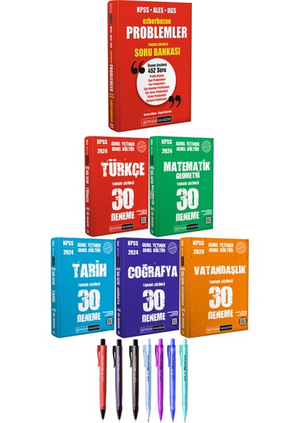 Ezberbozan KPSS ALES DGS Problemler Tamamı Çözümlü Soru Bankası - 2024 KPSS GYGK Türkçe Matematik Tarih Coğrafya Vatandaşlık 30 Deneme + Faber Castell Econ Kalem