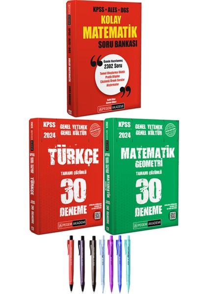 KPSS ALES DGS Kolay Matematik Soru Bankası - 2024 KPSS Genel Yetenek Türkçe Matematik 30 Deneme + Faber Castell Econ Kalem