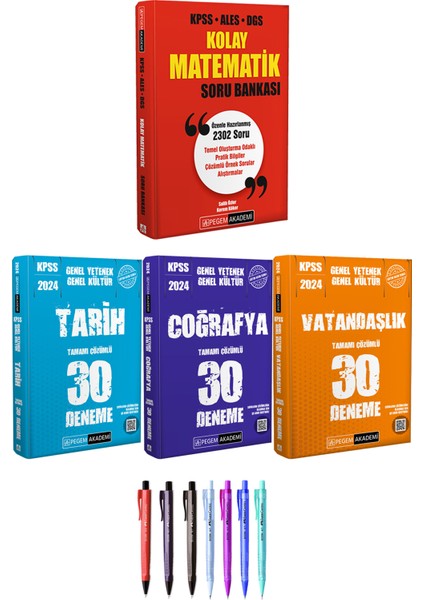 KPSS ALES DGS Kolay Matematik Soru Bankası - 2024 KPSS Genel Kültür Tarih Coğrafya Vatandaşlık 30 Deneme + Faber Castell Econ Kalem