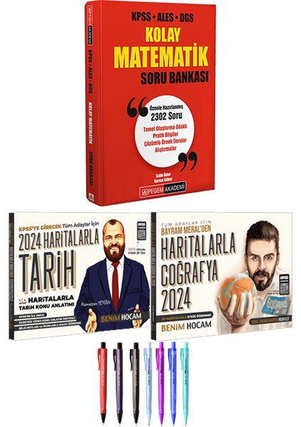 Pegem Akademi Yayıncılık KPSS ALES DGS Kolay Matematik Soru Bankası - Benim Hocam 2024 KPSS Genel Kültür Haritalarla Tarih Coğrafya + Faber Castell Econ Kalem