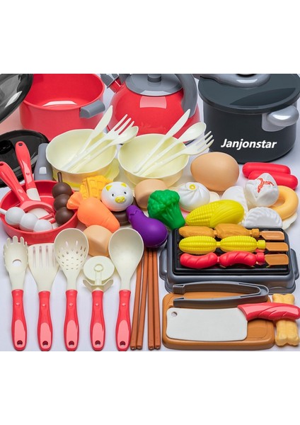 Janjon Star Bebekler Için Çocuk Oyun Evi Mutfak Oyuncak Seti 3-6 Kız ve Erkek Simüle Edilmiş Pişirme ve Pişirme Mutfak Eşyaları 59 Parçalı Set (Yurt Dışından)