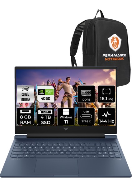Victus 16 Intel Core I7 14700HX 8gb 4tb SSD RTX4050/6GB 144Hz 16.1" Fhd W11H Taşınabilir Bilgisayar & Per4 Çanta 9J253EAPN345