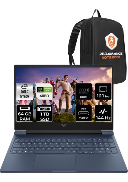 Victus 16 Intel Core I7 14700HX 64GB 1tb SSD RTX4050/6GB 144Hz 16.1" Fhd Fdos Taşınabilir Bilgisayar & Per4 Çanta 9J253EAPN333