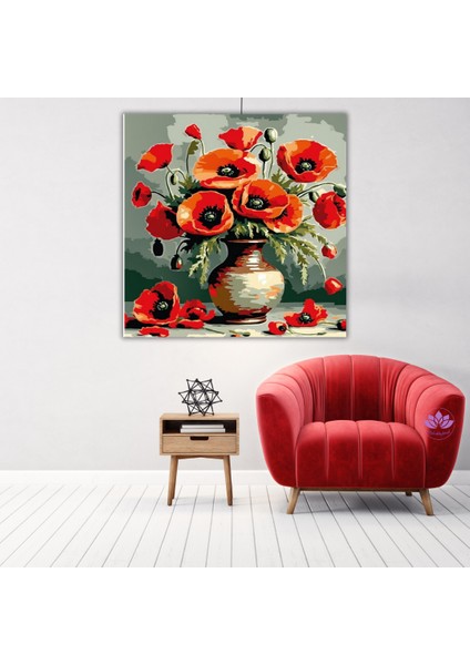 Renkli Baskılı Sayılarla Boyama Hobi Seti (Kare-Çerçeveli) 50X50 Cm: Vazodaki Gelincik 2