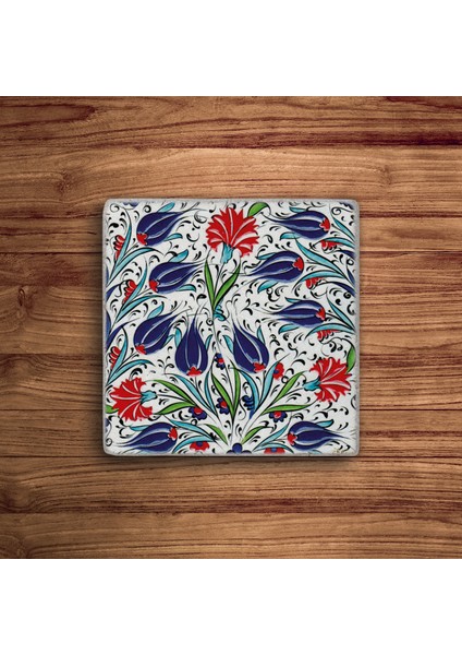 Çini Desen, Mavi Karanfil Tile Desen Doğal Taş Traverten Bardak Altlığı 4 Lü Set