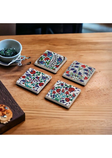 Çini Desen, Mavi Karanfil Tile Desen Doğal Taş Traverten Bardak Altlığı 4 Lü Set