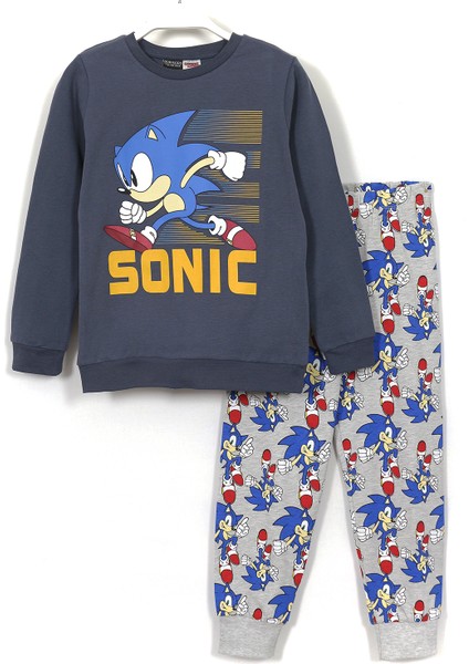 Bisiklet Yaka Sonic Baskılı Uzun Kollu Erkek Çocuk Pijama Takımı 3-10 Yaş Gri 001-0001893