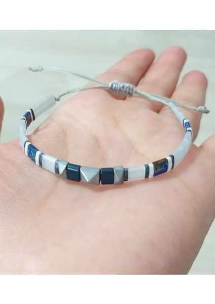Mat Gri Piramit Kesim Hematit Doğaltaşlı Gri Mavi Lacivert Tila Unisex Bileklik