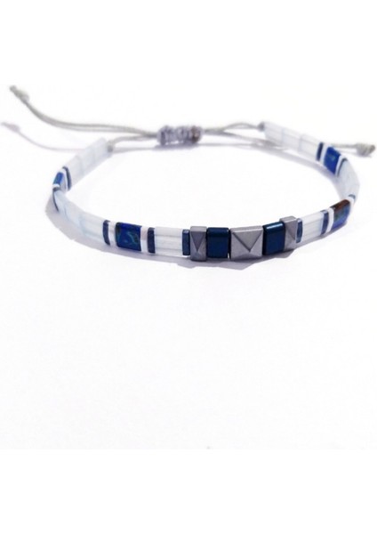 Mat Gri Piramit Kesim Hematit Doğaltaşlı Gri Mavi Lacivert Tila Unisex Bileklik fiyatları