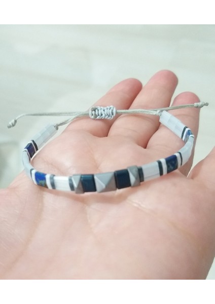 Mat Gri Piramit Kesim Hematit Doğaltaşlı Gri Mavi Lacivert Tila Unisex Bileklik indirimleri