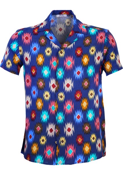 Mavi Etnik Desen Renkli Motif Oversize Rahat Kesim Kısa Kollu Salaş Gömlek