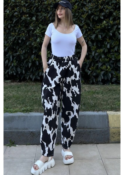 Kadın Siyah Beli Lastikli, Cepli, Desenli Gabardin Kumaş, Salaş Pantolon