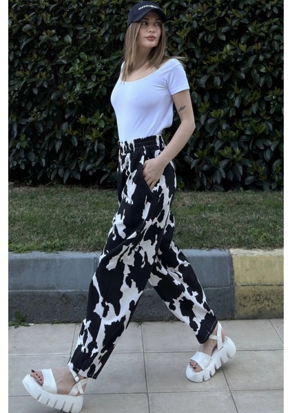 Kadın Siyah Beli Lastikli, Cepli, Desenli Gabardin Kumaş, Salaş Pantolon fiyatları