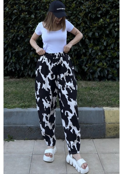 Kadın Siyah Beli Lastikli, Cepli, Desenli Gabardin Kumaş, Salaş Pantolon modelleri