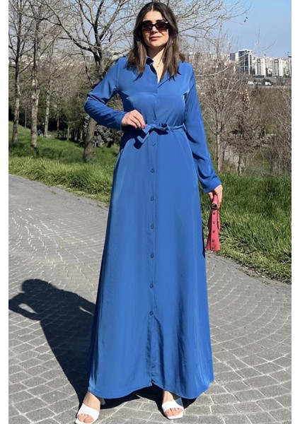 Kadın Mavi Kupra Kumaş, Uzun Kol, Beli Kuşaklı, Vucüda Oturan Kalıp, Uzun Gömlek Elbise fiyatları