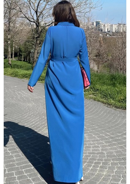 Kadın Mavi Kupra Kumaş, Uzun Kol, Beli Kuşaklı, Vucüda Oturan Kalıp, Uzun Gömlek Elbise indirimleri