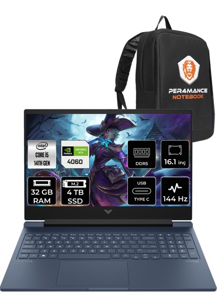 Victus 16 Intel Core I5 14500HX 32GB 4tb SSD RTX4060/8GB 144Hz 16.1" Fhd Fdos Taşınabilir Bilgisayar & Per4 Çanta 9J251EAPN320