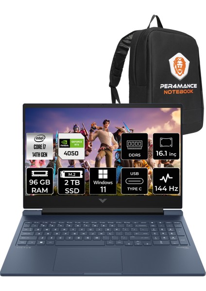 Victus 16 Intel Core I7 14700HX 96GB 2tb SSD RTX4050/6GB 144Hz 16.1" Fhd W11H Taşınabilir Bilgisayar & Per4 Çanta 9J253EAPN379