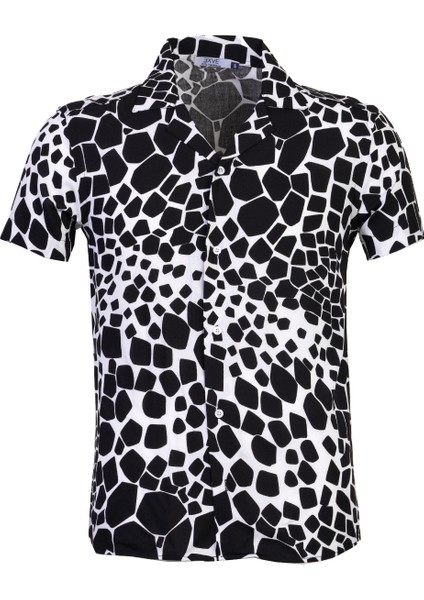 Beyaz Üzerine Timsah Desen Digital Print Oversize Rahat Kesim Kısa Kollu Salaş Gömlek