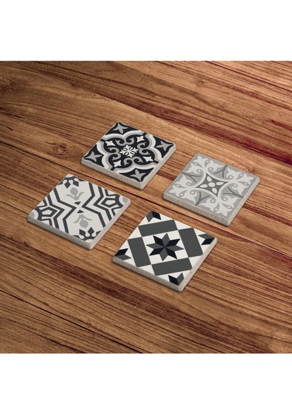 Gri Tile Desen Doğal Taş Traverten Bardak Altlığı 4 Lü Set