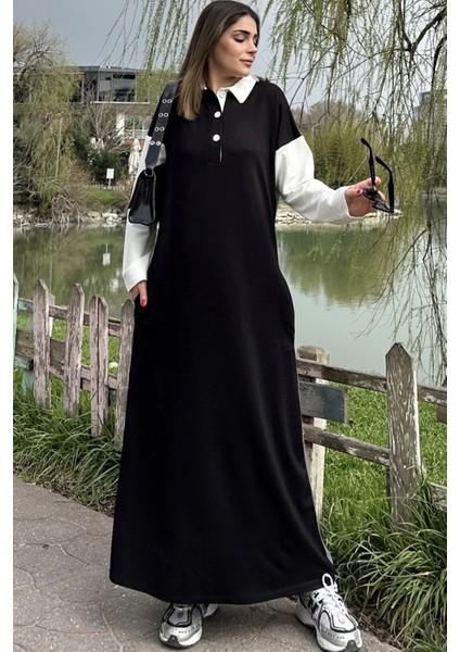 Kadın Siyah Color Block Tasarım, Polo Yaka, A Kesim, Uzun Salaş Elbise