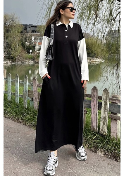 Kadın Siyah Color Block Tasarım, Polo Yaka, A Kesim, Uzun Salaş Elbise