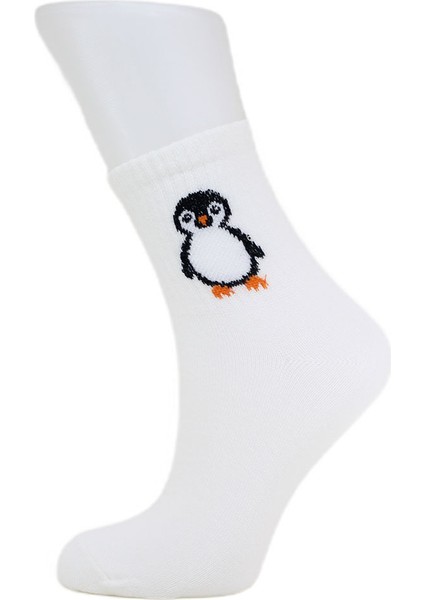 Look Socks Penguen Karakter Desenli Beyaz Kolej Çorap 3 Çift