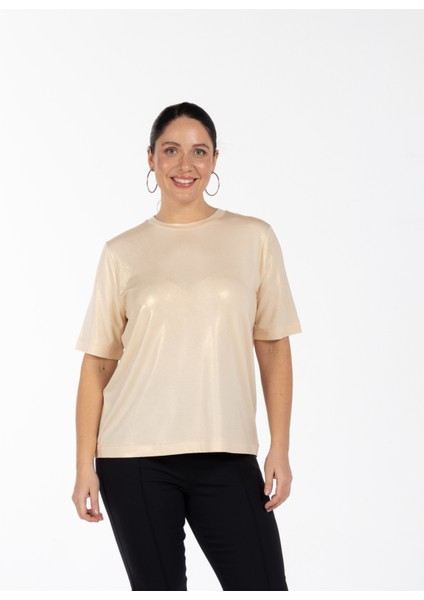 Yuvarlak Yaka Düz Bej Kadın T-Shirt Jasmıne