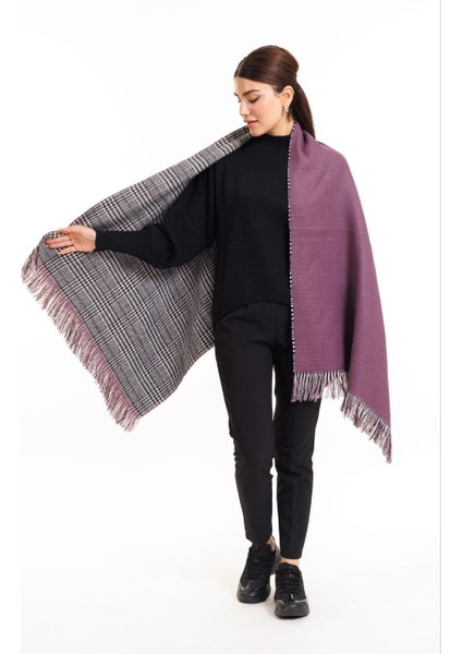 Çift Taraflı Ekoseli Yünlü Omuz Şalı - 70X190CM - Kışlık Şal