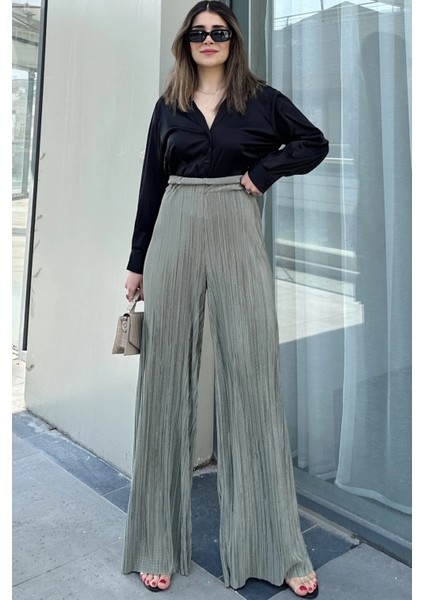 Kadın Haki Beli Lastikli, Yüksel Bel, Salaş Kesim, Bol Paça Bürümcük Pantolon