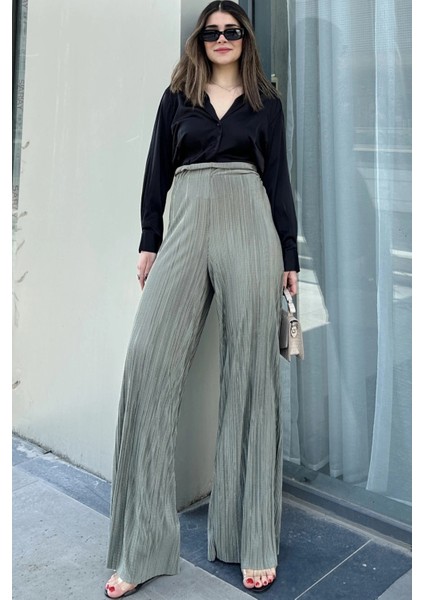 Kadın Haki Beli Lastikli, Yüksel Bel, Salaş Kesim, Bol Paça Bürümcük Pantolon modelleri