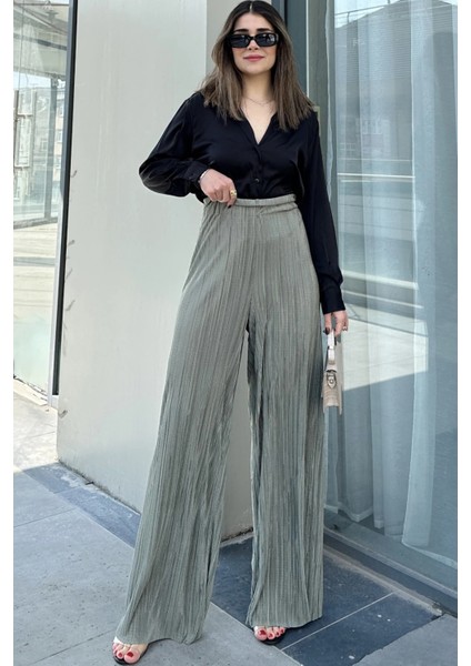 Kadın Haki Beli Lastikli, Yüksel Bel, Salaş Kesim, Bol Paça Bürümcük Pantolon fırsatları