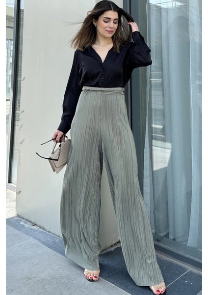 Kadın Haki Beli Lastikli, Yüksel Bel, Salaş Kesim, Bol Paça Bürümcük Pantolon indirimleri